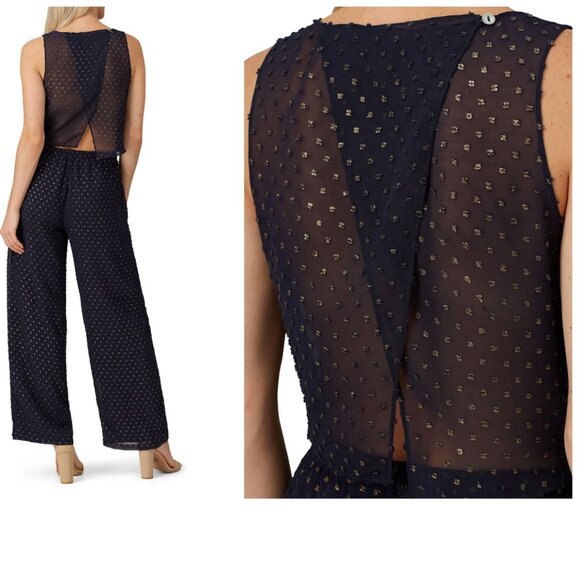Small - Maison de Papillon - Navy Gold Swiss Dot Jumpsuit Rent the Runway $395 - Picture 2 of 11